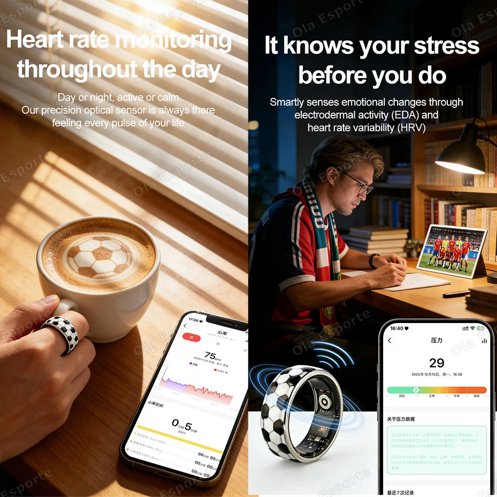 Nuovo Anello Smart con Motivo Calcistico, Impermeabile 5ATM, 128 Modalità Sportive, Monitoraggio 24H di Frequenza Cardiaca, Pressione Sanguigna e Stress, Anello Smart 2026 - immagine 2