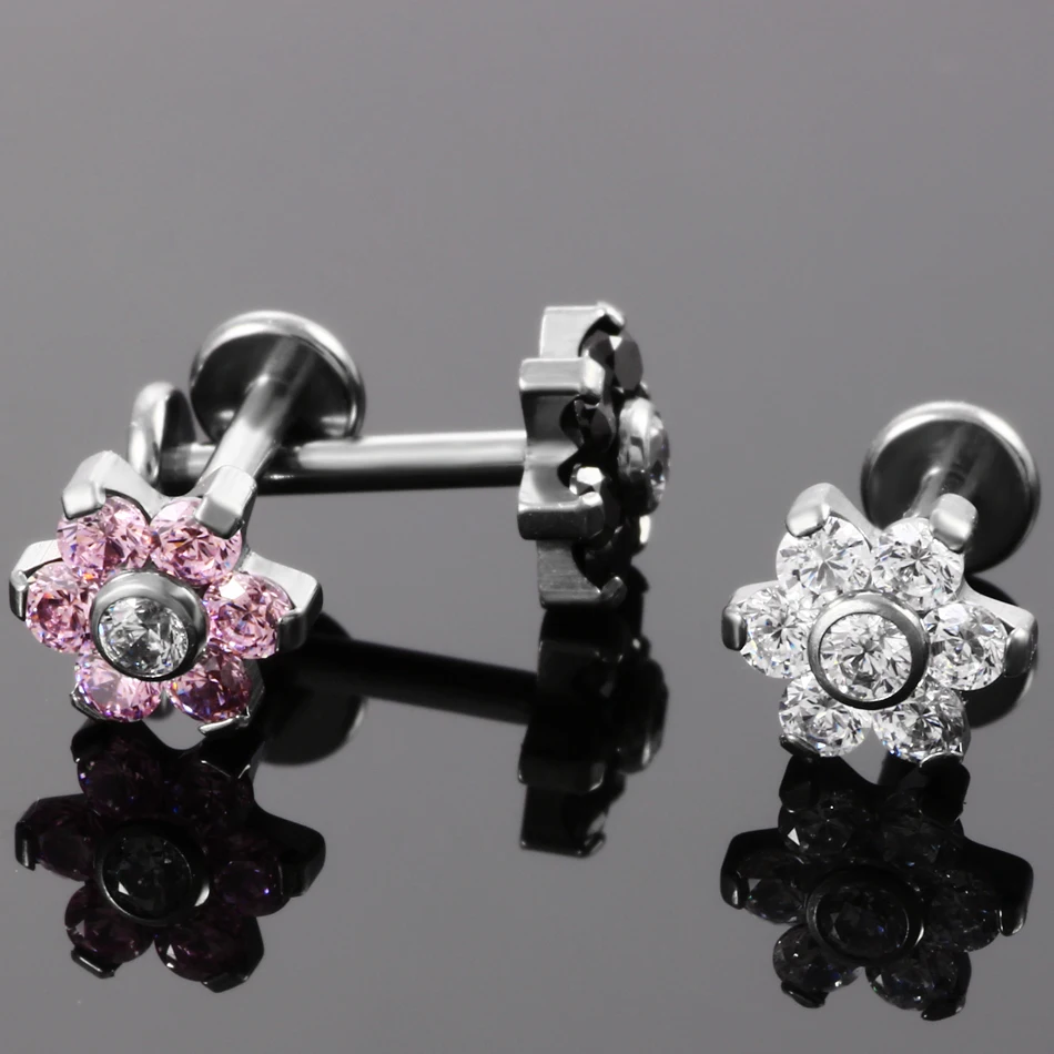 10Pcs /Lot Titanium Ear Piercing Stud Earrings Internally Threaded Labret Lip Ring Flower Ear Piercer Tragus Pirsings Jewelry