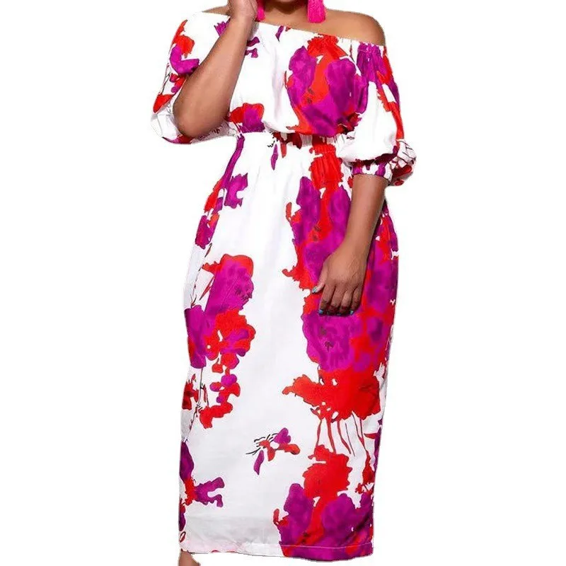 Plus Size Floral Elegant Dress Women Off Shoulder Pretty Cloth Lady Casual Long Robe 2023 Summer Sale Trendy Party New In Dress