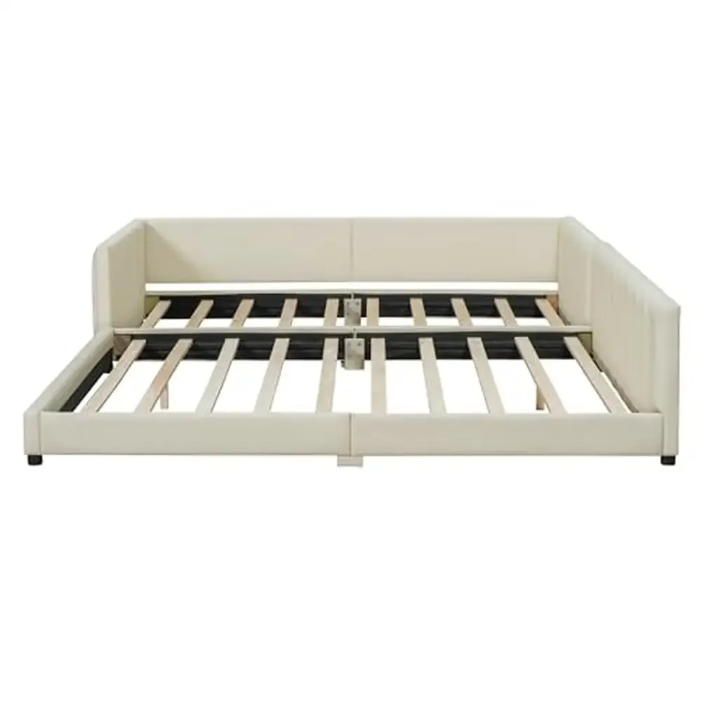 Dual Function Mother & Child Upholstered Platform Bed Set with Safety Guardrails Elegant PU Leather Design Queen Size & Twin XL 5