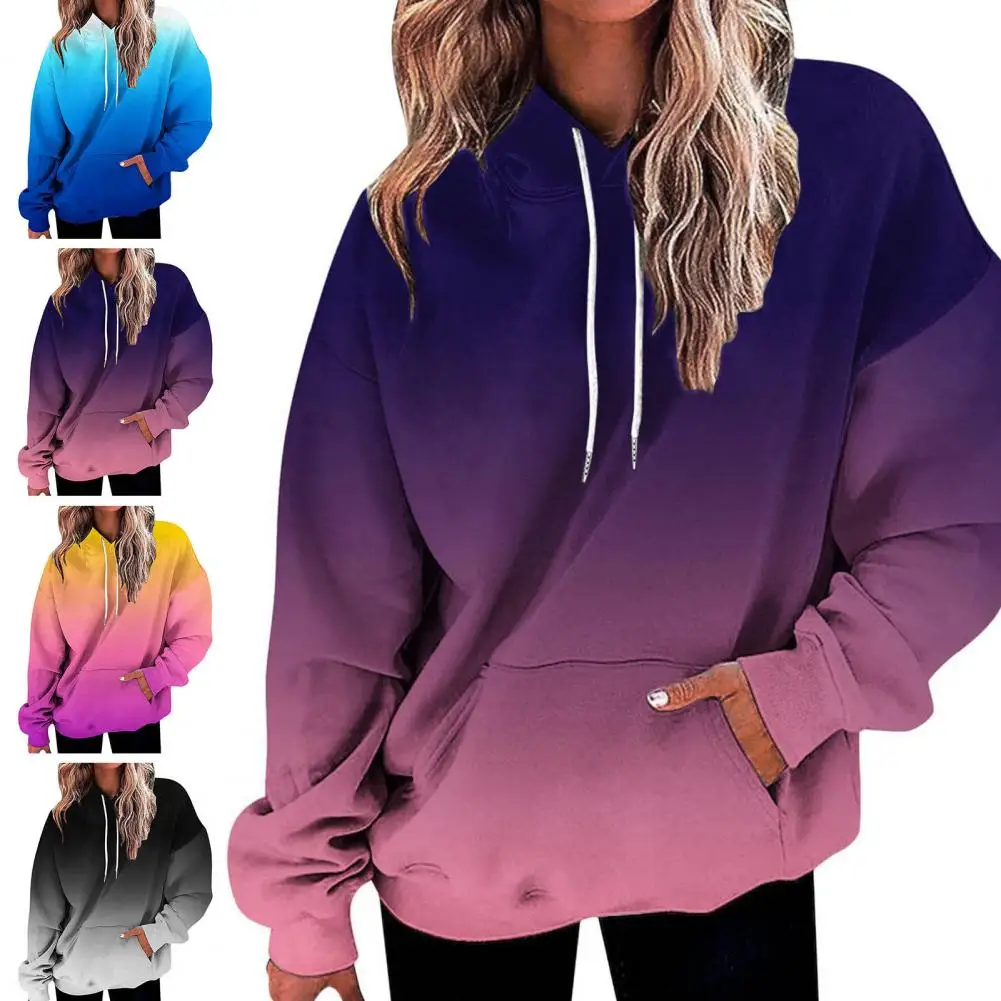 

Contrast Color Hoodie Gradient Color Hooded Women's Fall Winter Hoodie Soft Warm Stylish Mid Length Sweatshirt with Elastic Cuff