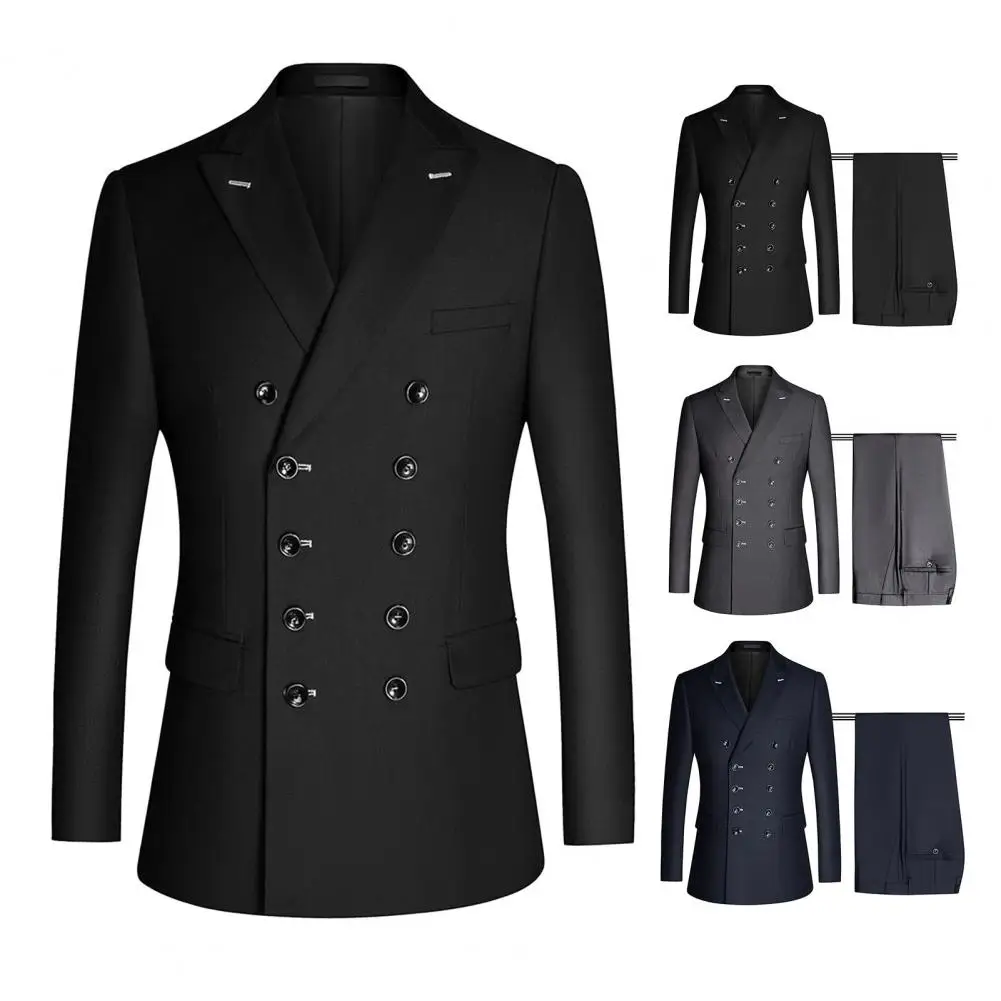 Description Picture 3 of itemSuit Jacket Long Sleeves Lapel Double-breasted Placket Straight Down Hem Business Flip Pockets Men Blazer Pants Business Suit