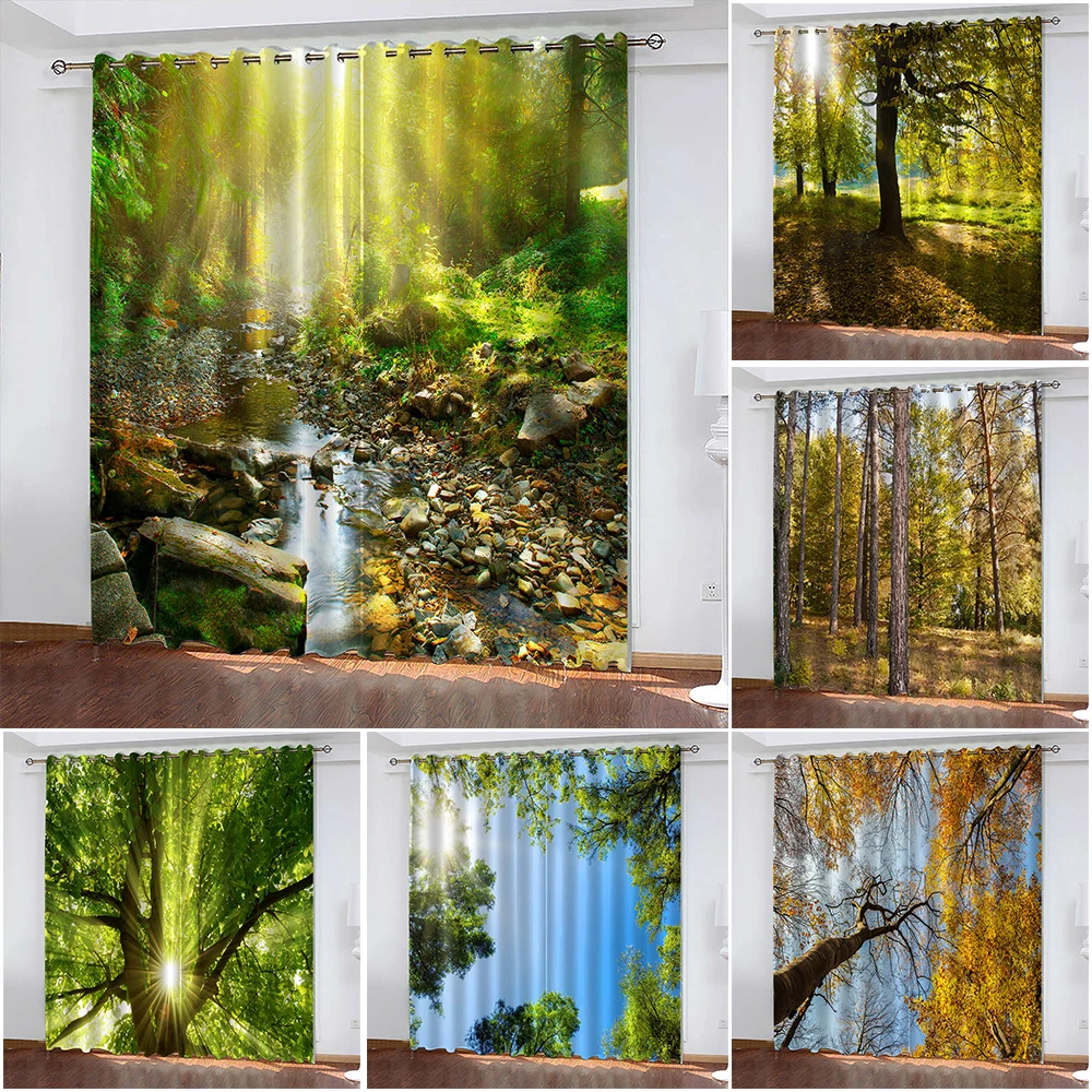 

Natural Landscape Print Curtain Biparting Open Blackout Curtain Cortina De Sombra Bedroom Living Room Decoration Green Curtain