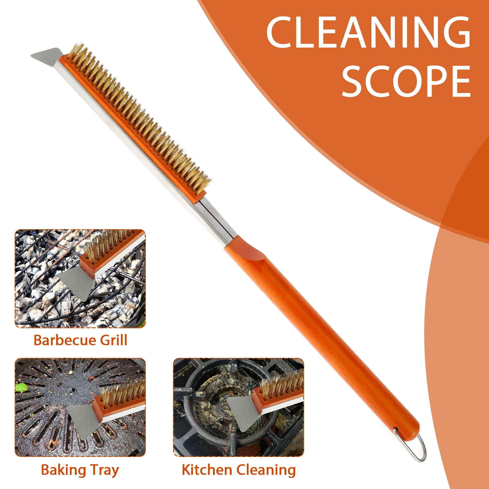 Pizza Oven Brush 21inch Pizza Stone Brush with Wooden Handle Copper Wire and Scraper Stone BBQ Grill Cleaning Tool