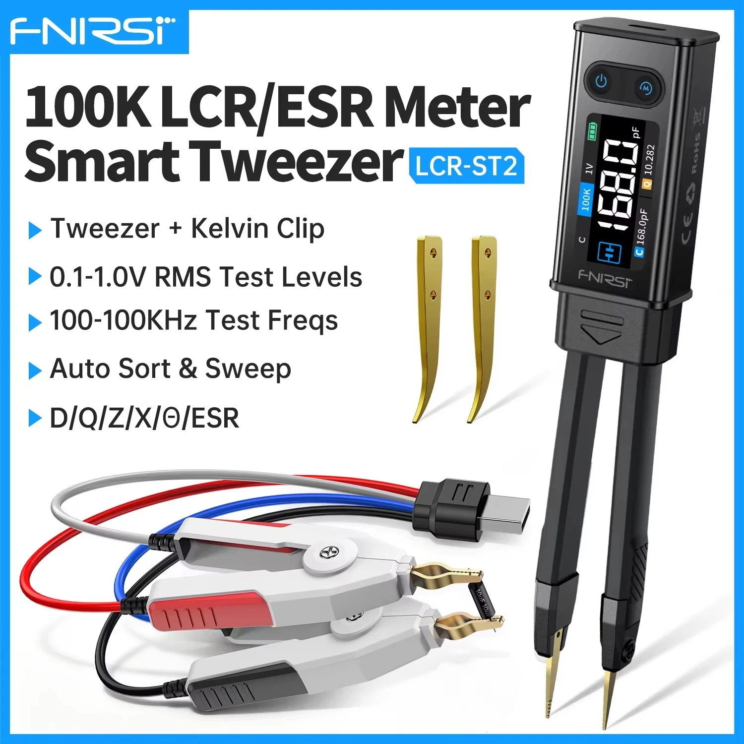 FNIRSI LCR-ST2 2-in-1 디지털 트위저 브리지 멀티미터 LCR ESR 미터 SMD 테스트 켈빈 클립 다기능 테스터 도구