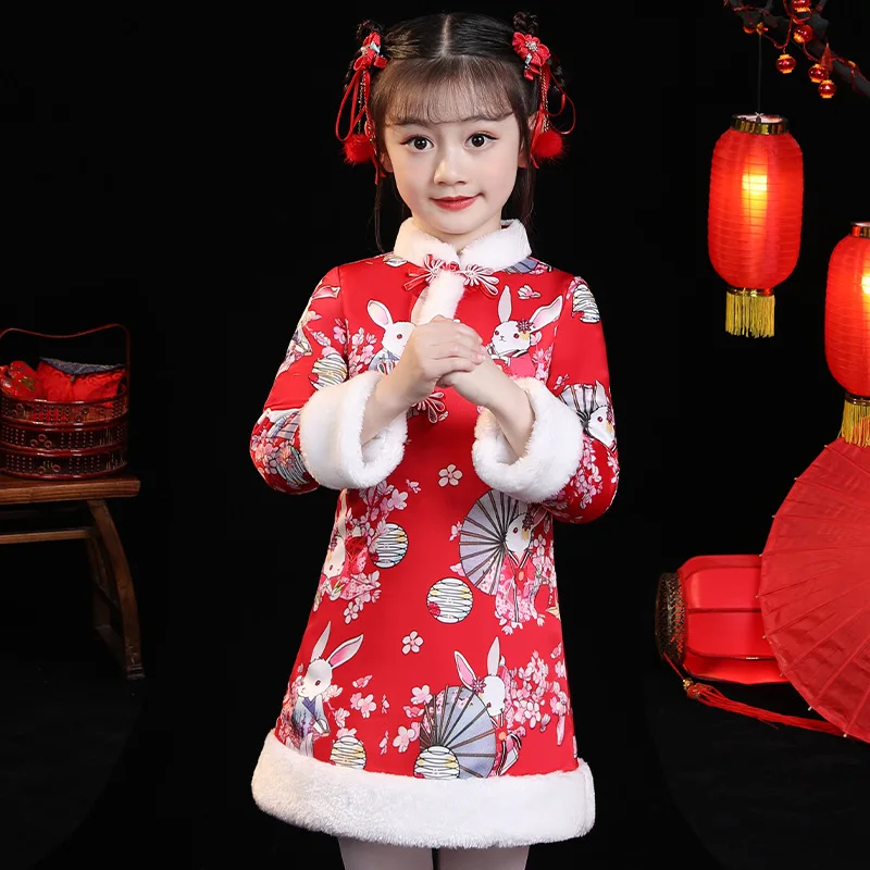 

Red Girls 2023 Chinese New Year Clothes Vintag Winter New Hanfu Children's Cheongsam Dress Cute Baby Tang Suit Christmas Dress