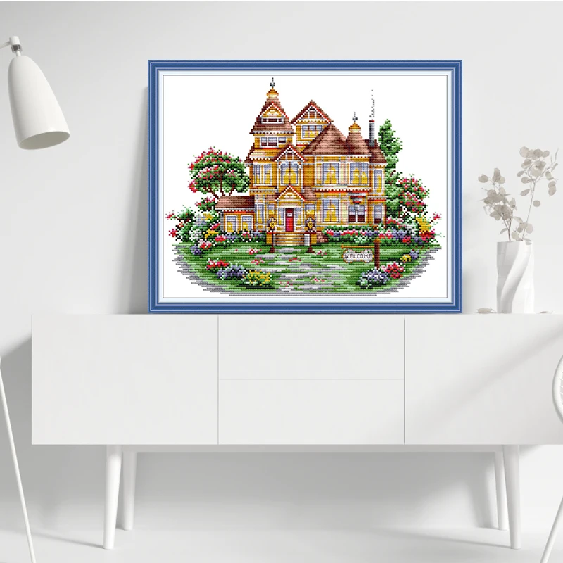 Cross Stitch Kit Joy Sunday Garden Villa Print Cross Stitch Kits Aida Fabric 16CT/14CT/11CT DIY Folk Craft Kit Needlework Handmade Embroidery Set