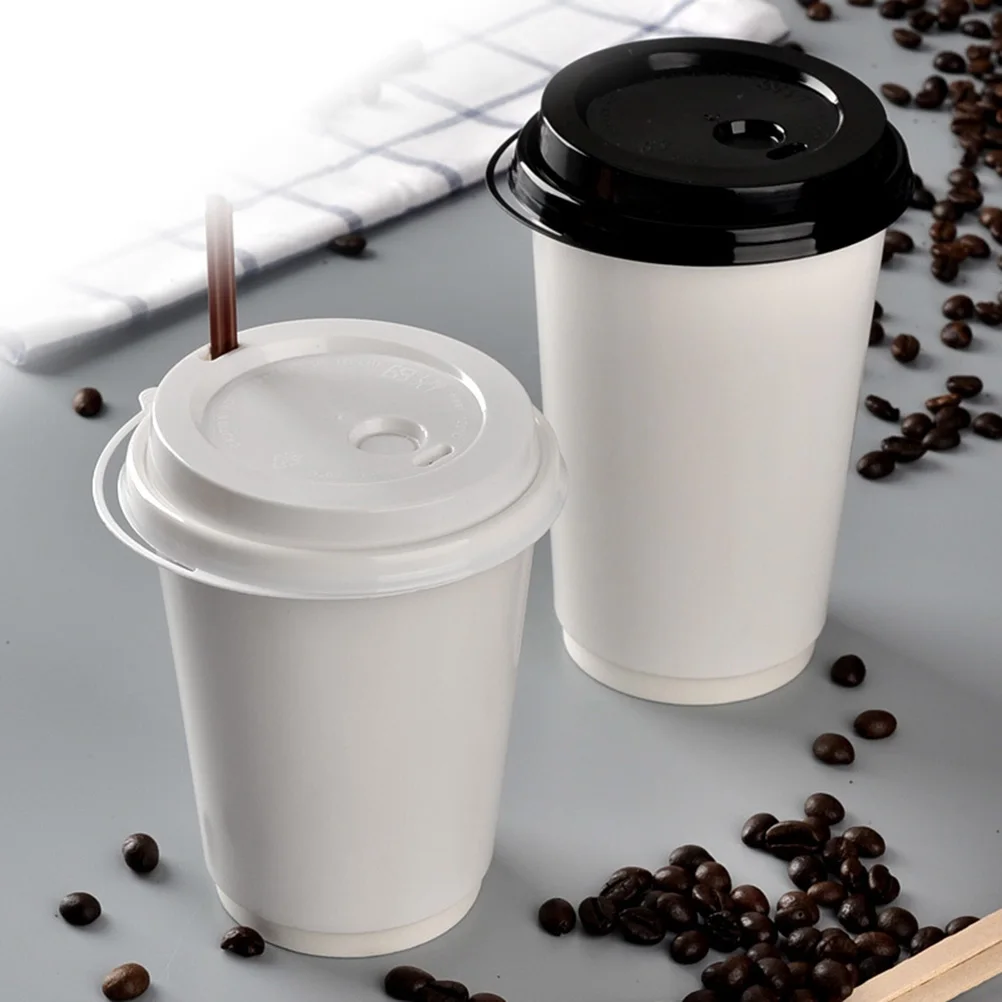 50pcs Disposable Paper Cups Insulation Takeaway Double-Layer Coffee Cup with Lid