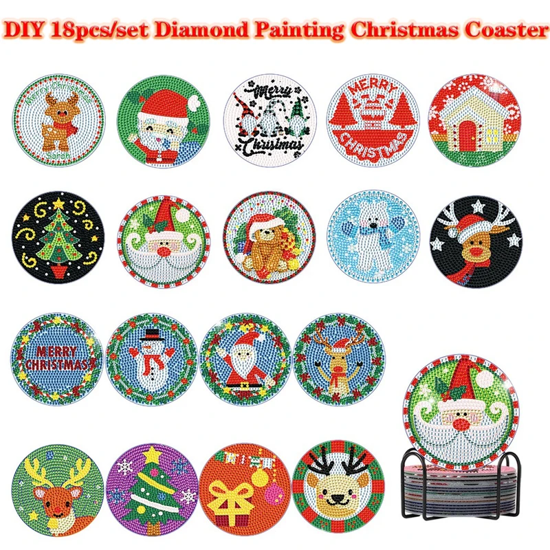 

6/18Pcs DIY Diamond Painting Coaster Christmas Drink Cup Cushion With Holder Coaster Table Placemat Insulation Pad Xmas Gifts