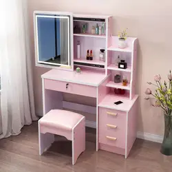 Mesa de maquillaje con cajones, mueble de tocador con espejo, moderno, de madera, con luz LED, para dormitorio