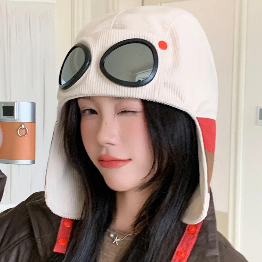 New Style Bomber Hats Ear Protection Hat Fashionable Pilot Style Hat With Sunglass Outdoor Winter Cap For Female Hat Caps