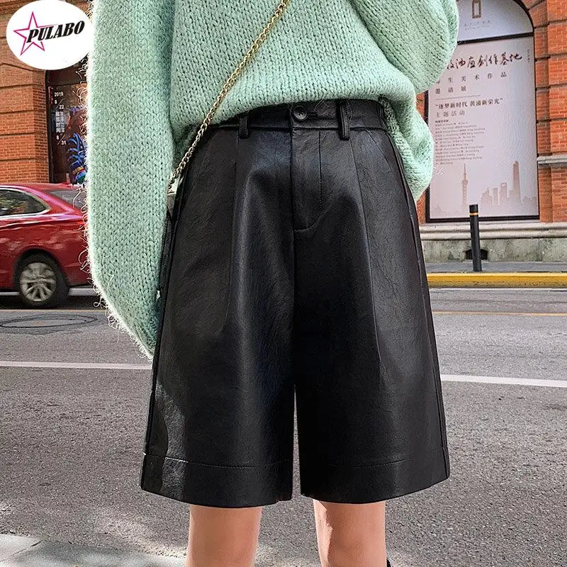 

PERITANG S-3XL Fashion PU Leather Shorts Women's Autumn Winter Bermuda Elastic Waist Loose Five Points Leather Trousers Shorts