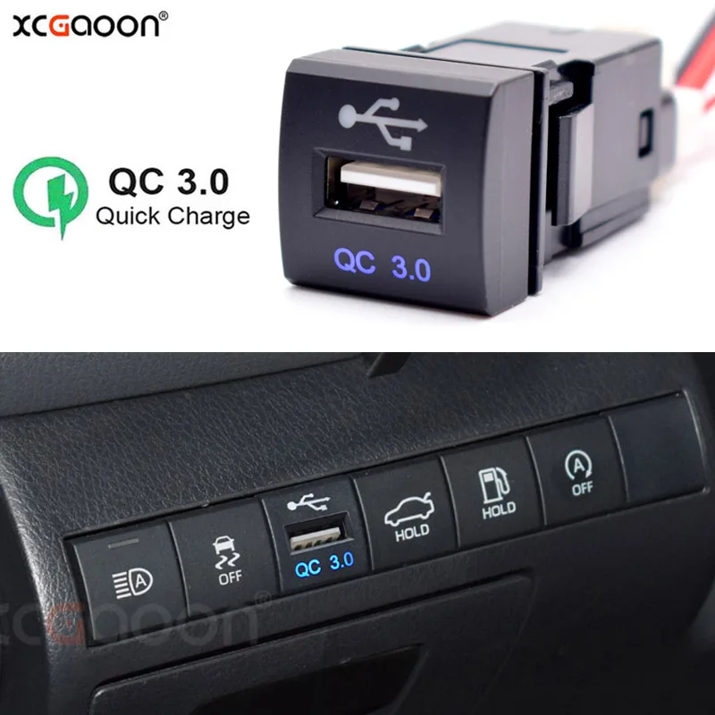 Фото 12 В 22x22 мм USB QC3.0 быстрое автомобильное зарядное устройство для Toyota Camry Corolla Rav4 Prado 2019 2020 2021 №1
