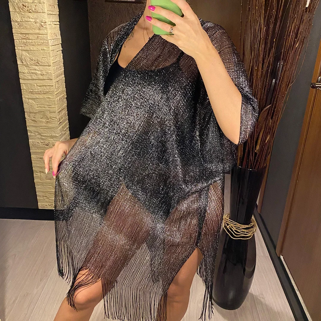 Sexy Fringe Tassel Mesh Sheer Shiny Knitted Tunic Beach Cover Up Cover-ups Beach Dress Beach Wear Beachwear Female Women