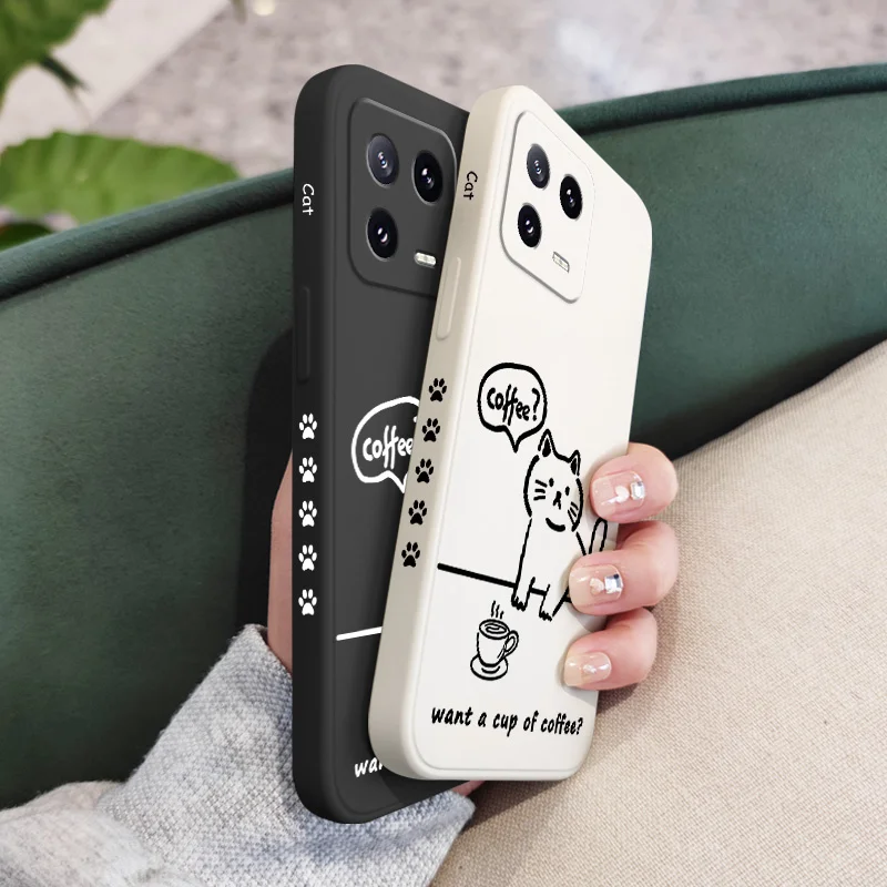 Chic Coffee Cat Liquid Silicone Phone Case Cover