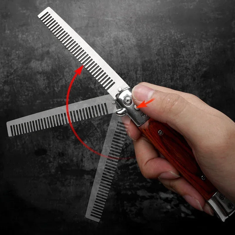 남성용 스테인레스 스틸 접이식 빗, 자동 나이프 브러시, 헤어 트리머 빗, 브러시 액세서리, 슬릭 백 헤어 포켓 빗, 1 개