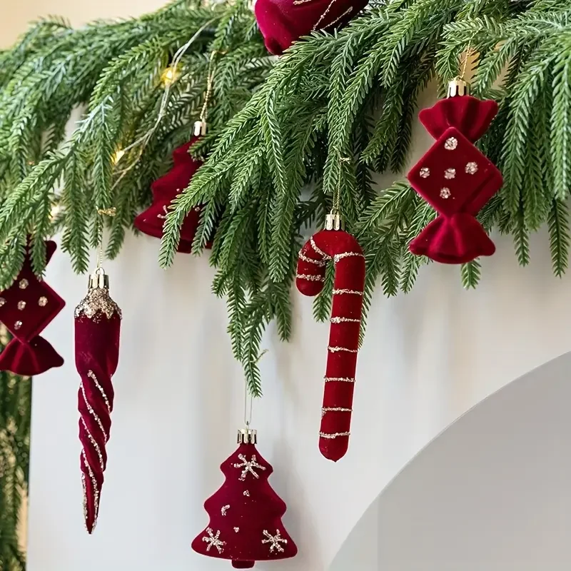 2pcs Velvet Christmas Candy Cane Bell Icicle Ornaments Burgundy Red Xmas Tree Hanging Pendants Christmas Party Home Decoration