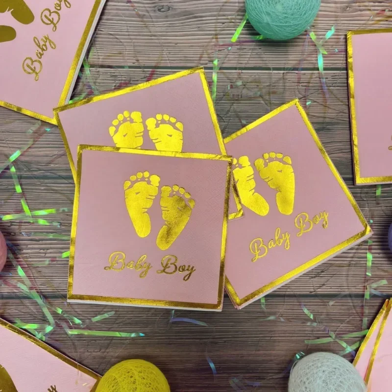 20pcs 25*25cm 2-Ply Golden Little Foot BabyBoy Napkins Hotel Printed Tissue Paper Creative Party Hot Stamping Decoration Paper