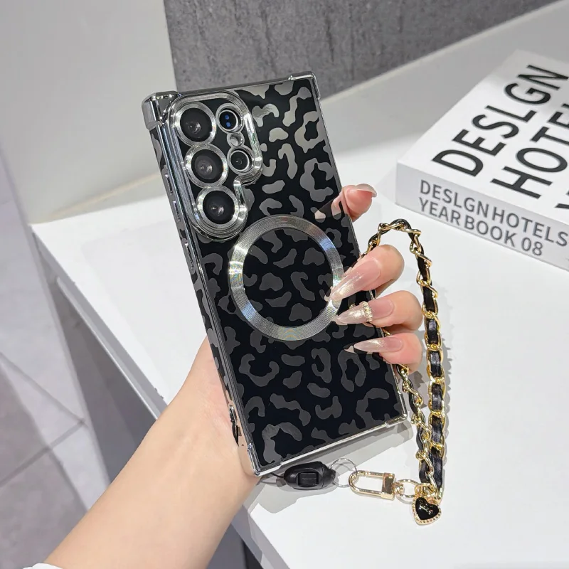 Leopard Print Magnetic Phone Case with Wrist Strap