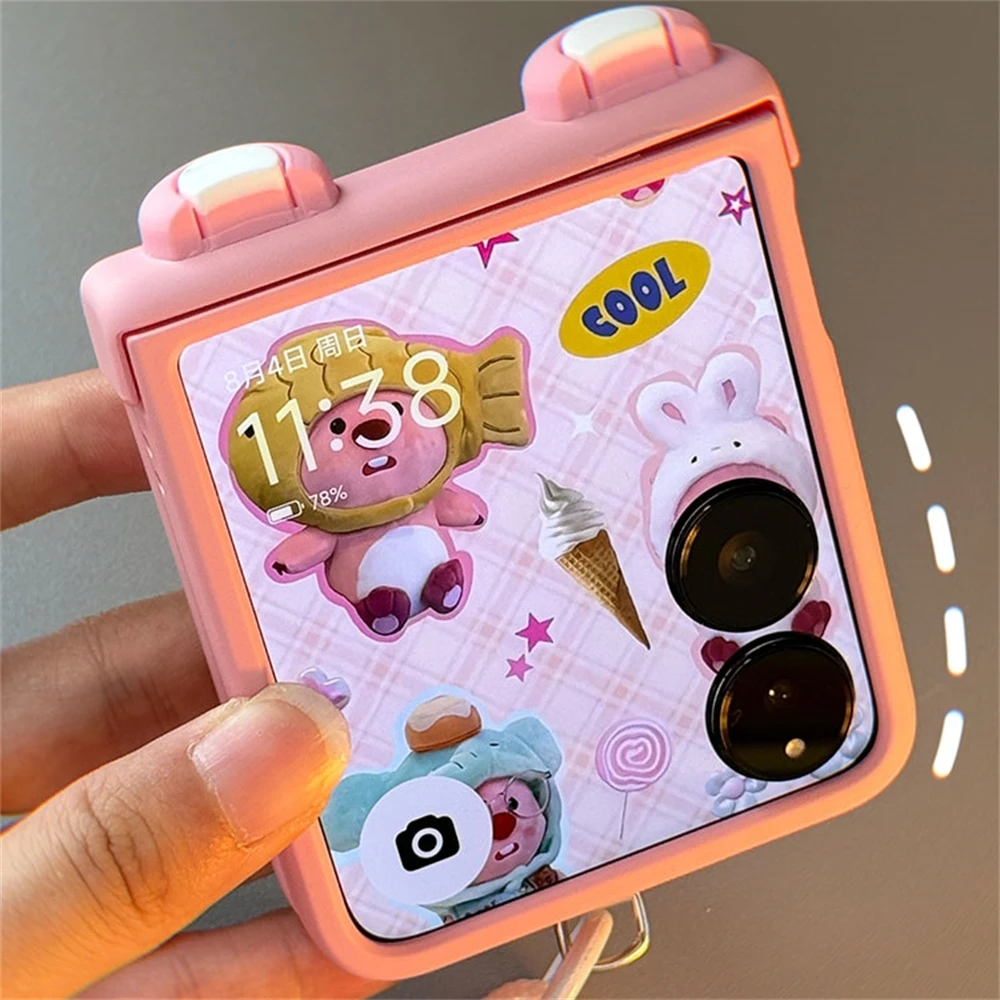 Korean Cute Cartoon Anime Pink Ear Phone Case with Hand Strap Cover