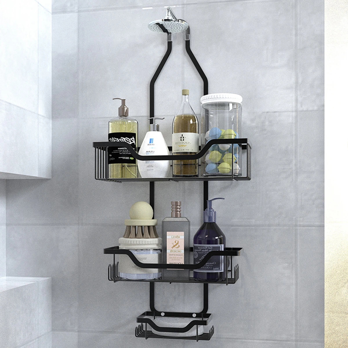 1pc Shower Caddy Over Shower Head, Large Hanging Shower Caddy With 12 Hooks  For Razor Sponge, Over The Shower Head Storage Rack With Soap Basket, Hang