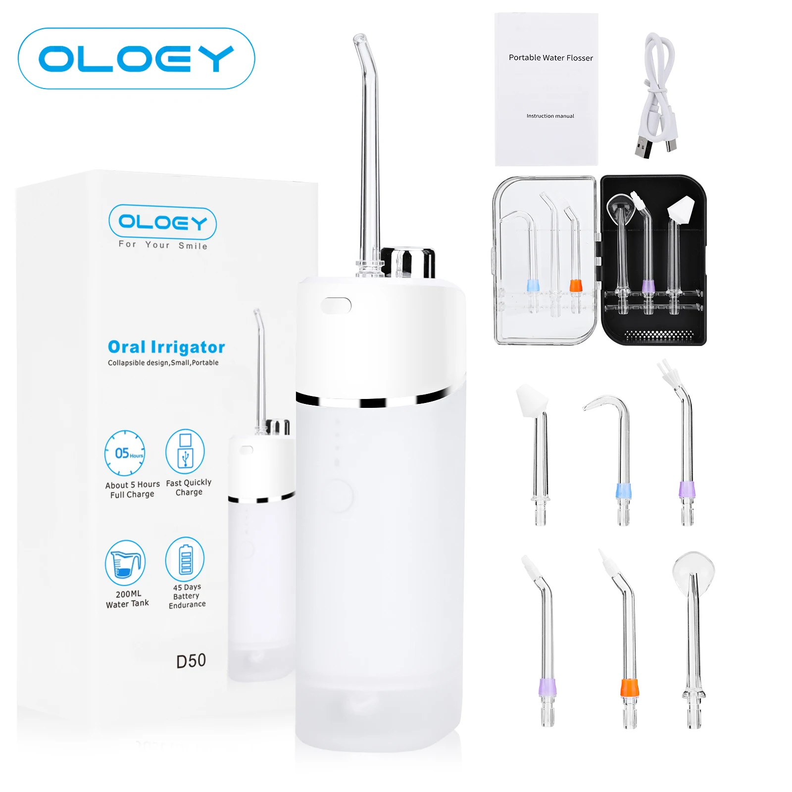 OLOEY New Oral Irrigator Portable Tooth Cleaner Telescoping Water Flosser USB Rechargeable Dental Water Jet 200ML Waterproof