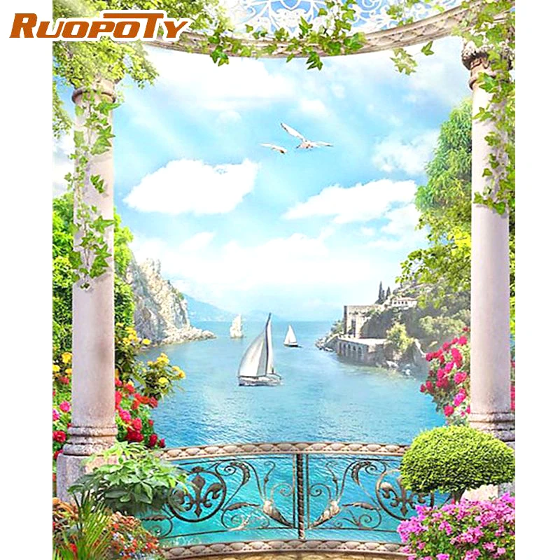 

RUOPOTY Painting By Numbers Kits Seascape Boat Picture With Numbers For Adults Beginner Modern Wall Art Home Decors 40x50cm