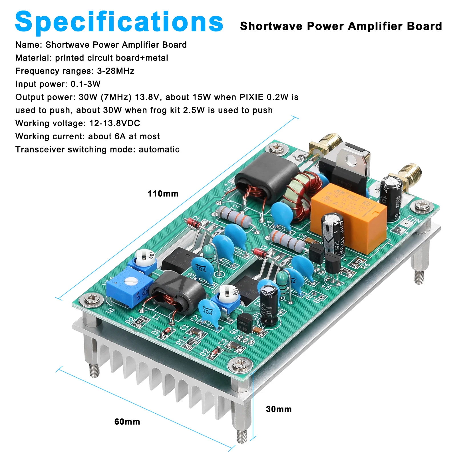 Shortwave Power Amplifier Board 30W 3-28MHz Shortwave Power Amplifier Board CW SSB Linear High Frequency Power Amplifier Finished Board