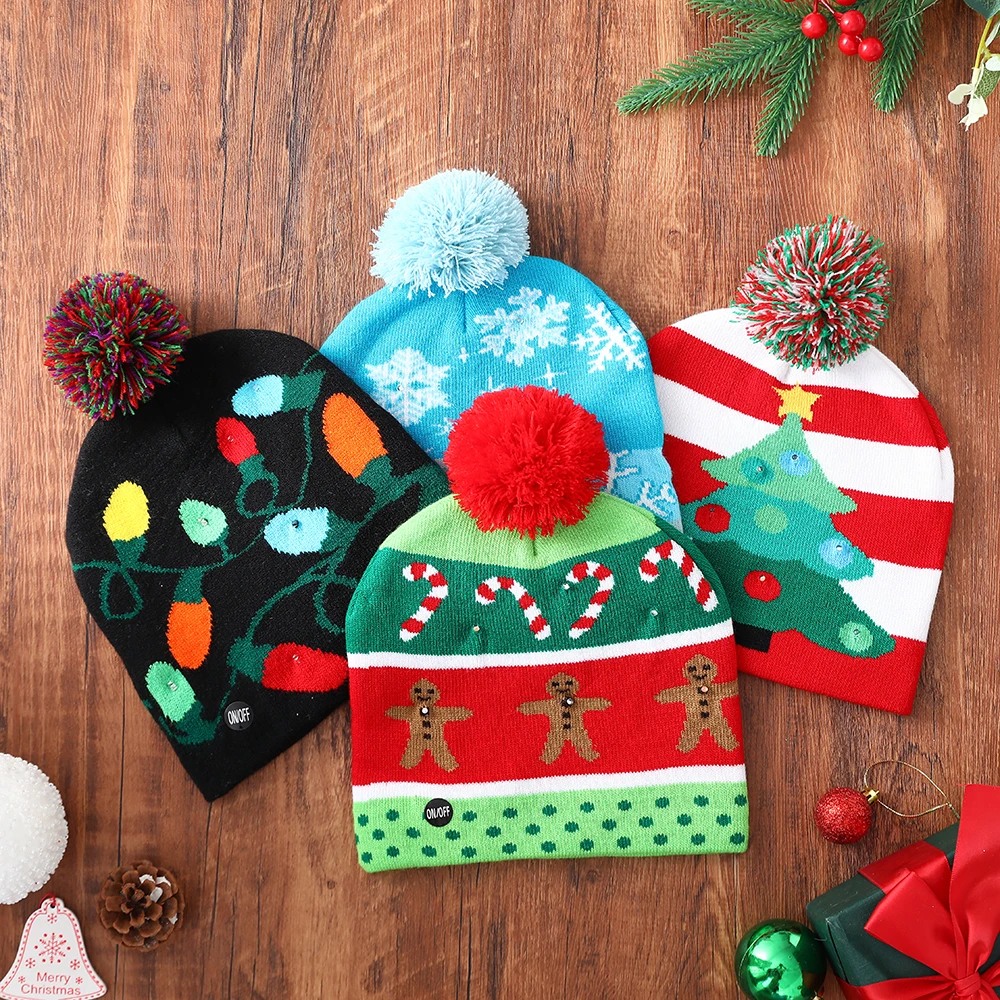 LED Christmas Hat Sweater Knitted Beanie Christmas Light Up Knitted Hat Gift for Kids Xmas New Year Decorations