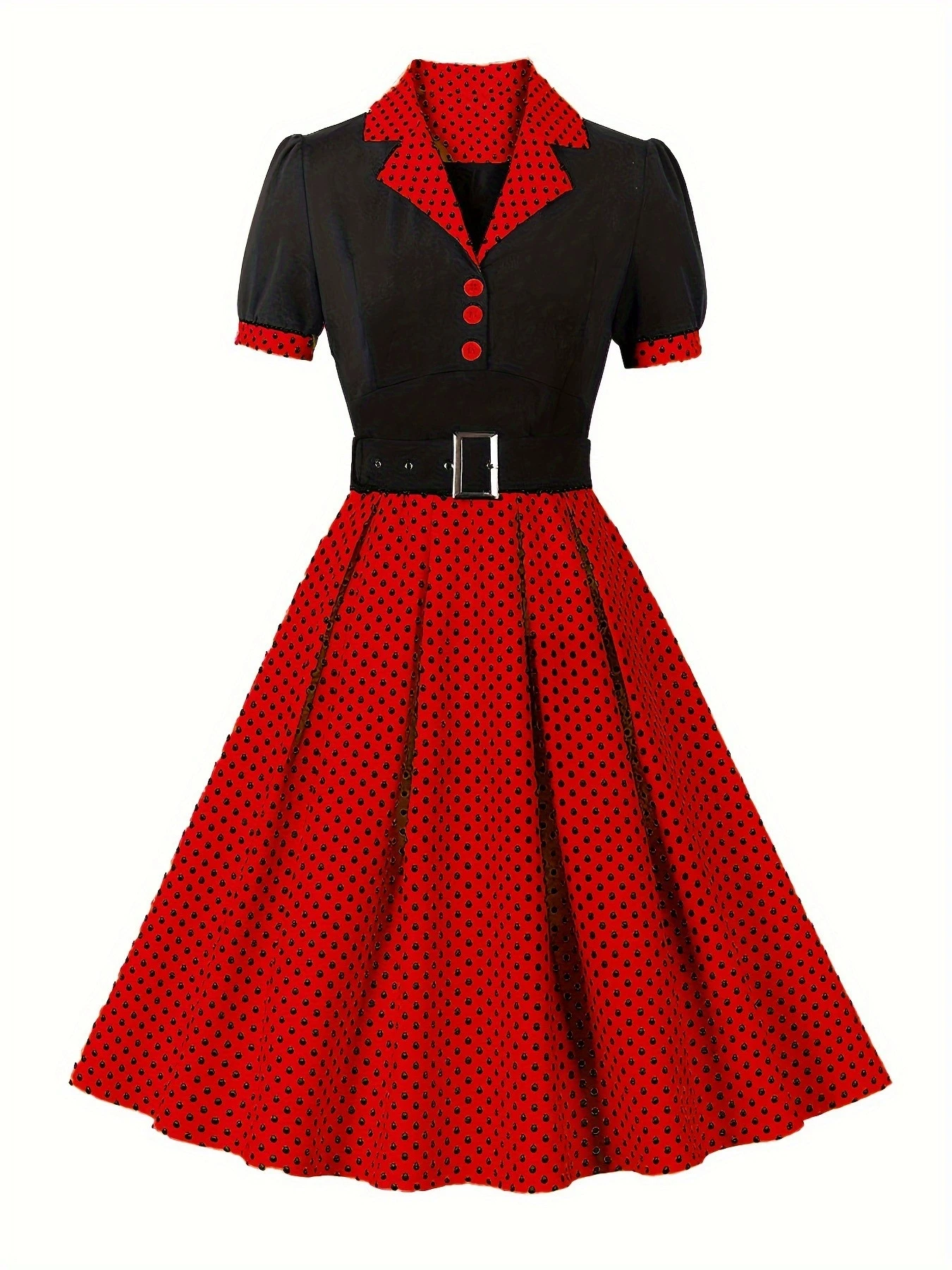 Hot Selling Commuting Art Retro Polka Dot Short Sleeved Lapel Dress with Belt in Europe and America