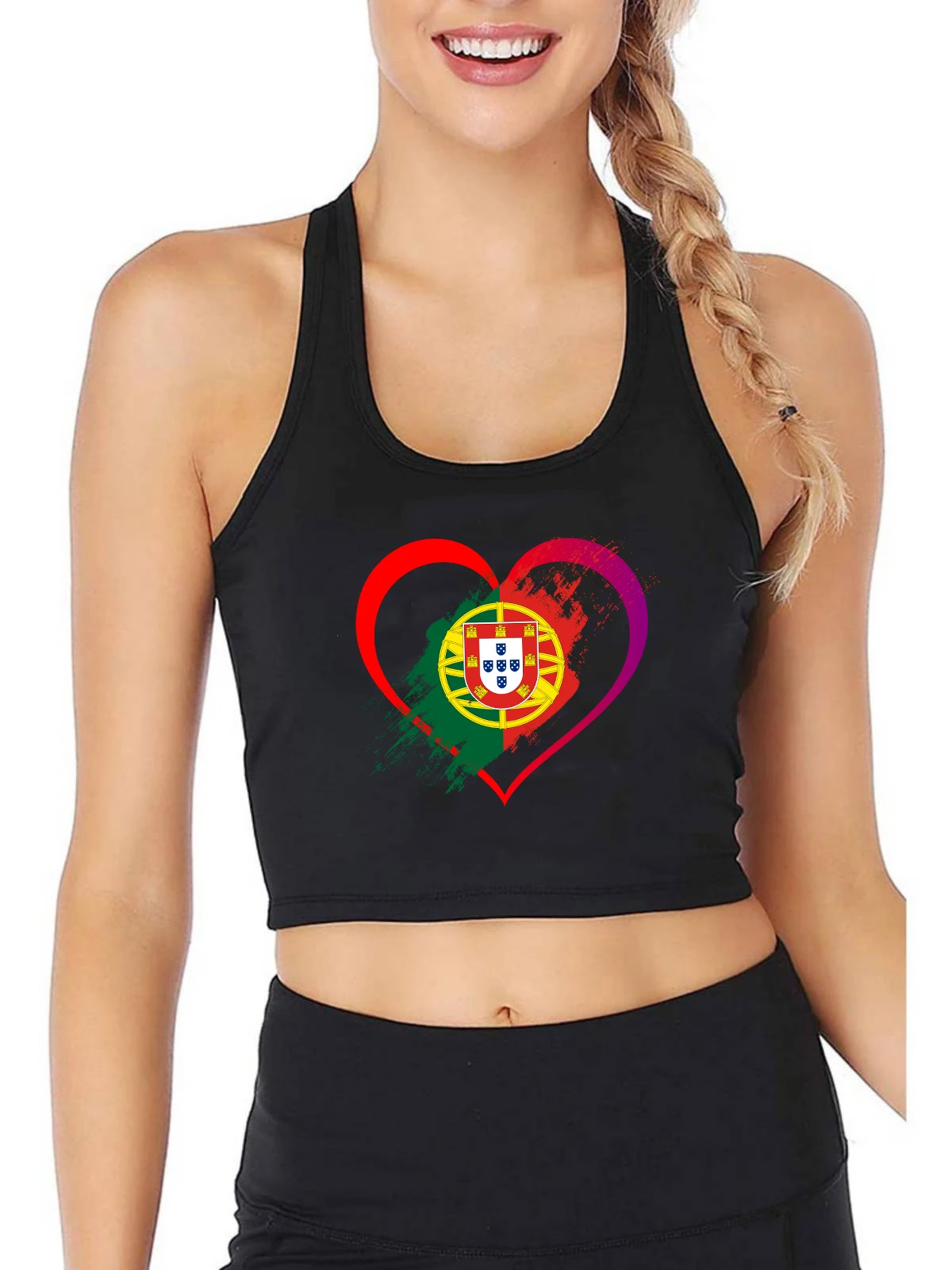 

Portugal Nation Flag Graphics Heart Design Sexy Crop Top Women's Retro Patriotic Memorial Style Tank Tops Cotton Sports Camisole