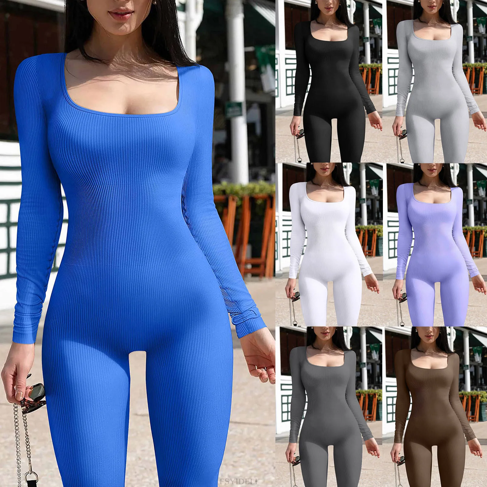 Europe and the United States new autumn and winter screw square collar lift hip slim-fit sexy jumpsuit