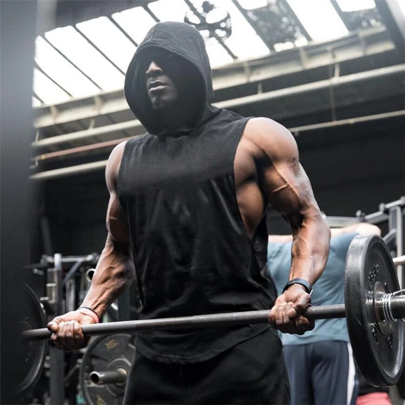 Muscleguys 체육관 후드 탱크 탑 남성 피트니스 의류 코튼 보디 빌딩 까마귀 조끼 운동 싱글 스포츠 민소매 셔츠