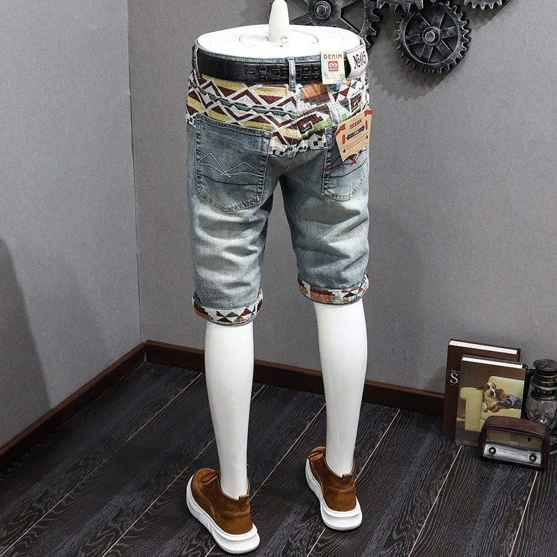 Personalized Embroidered Printed Denim Shorts Men's Summer Street Casual Retro Patch Handsome Slim-Fitting Stretch Beach Shorts