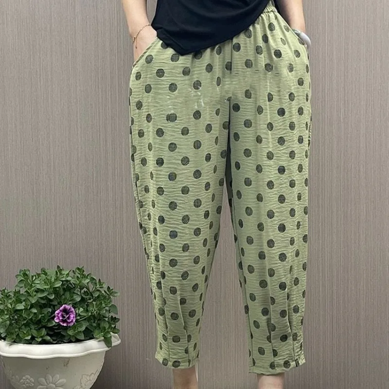 Summer Women's 2024 Spliced Loose High Waist Elastic Pocket Polka Dot Folds Fashion Slimming Tian Si Ma Casual Harlan Pants