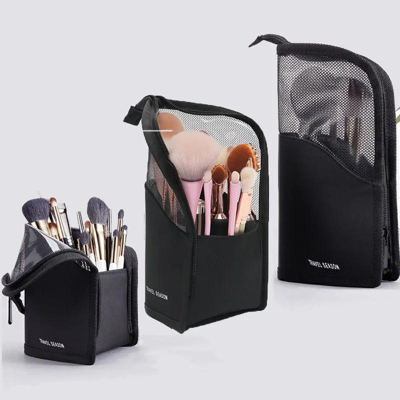 Foldable Makeup Brush Storage Bag Travel Cosmetic Portable Organizer Zipper Makeup Pouch Breathable Brushes Holder Stand-Up Bag