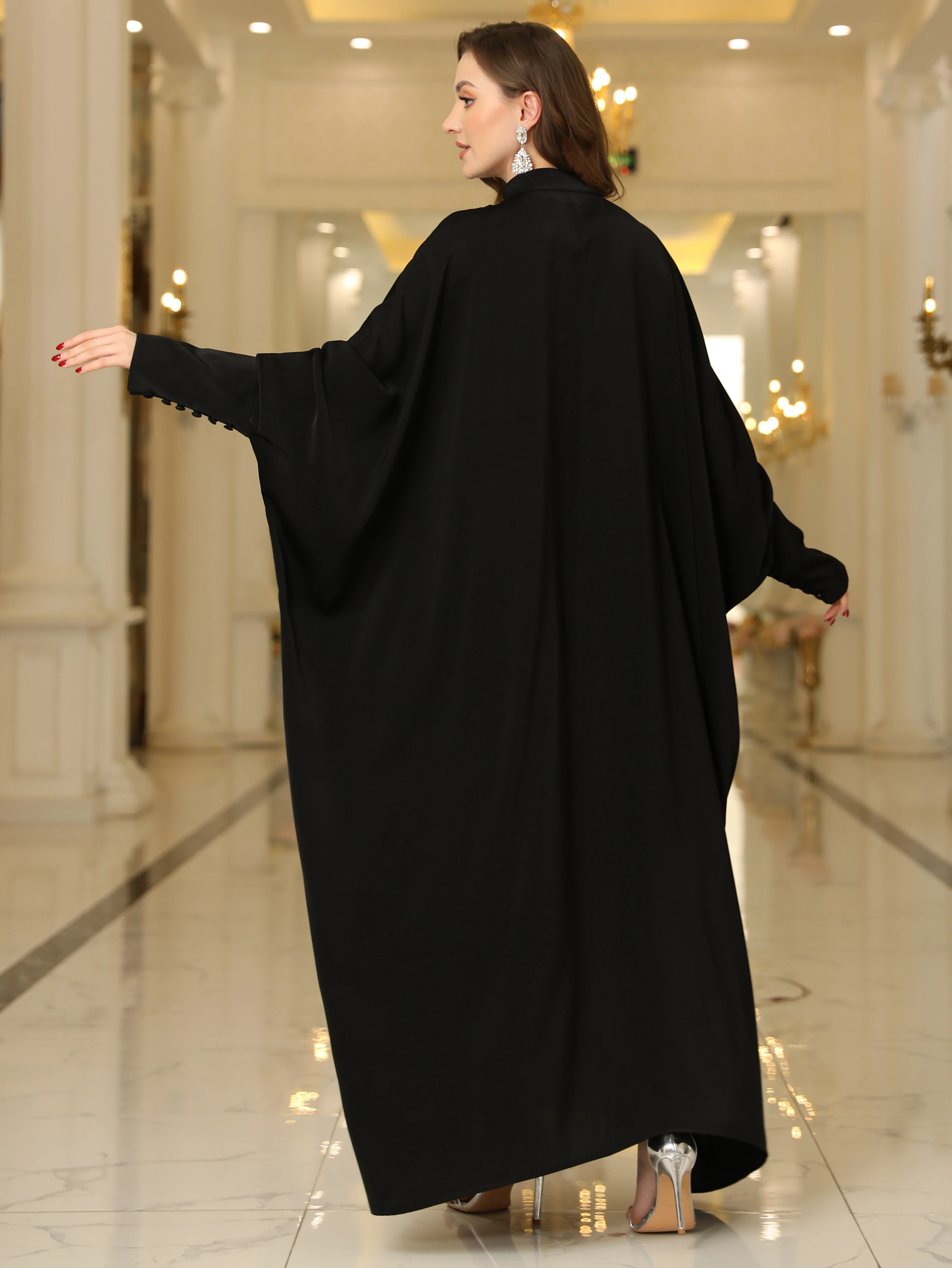 Ramadan Abaya Solid Color Button Front Kaftan Dress, Modest Batwing Sleeve Maxi Dress, Women's Clothing