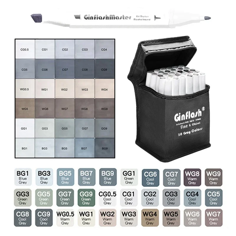 Ginflash Fine&Chisel Tipped Art Marker Gray Tones Brush Pen Sketch Alcohol Based Markers Dual Tip Manga Drawing Art Supplies art marker pens manga markers manga marker pen art markers sketching markers