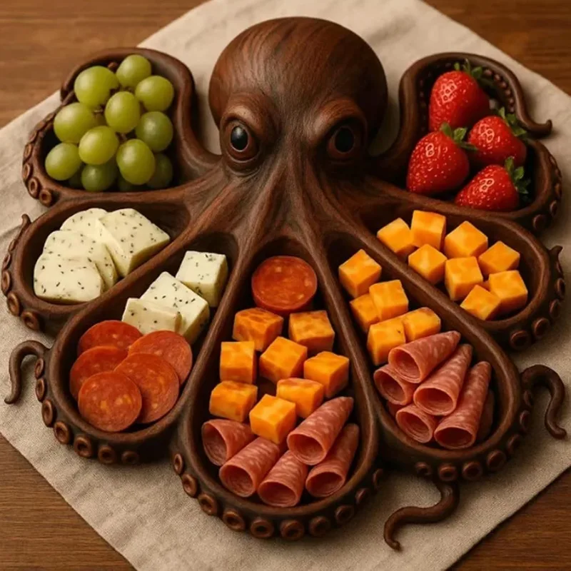 Octopus Charcuterie Platter Kitchen Table Fruit Snack Platter，Wooden Decorative Tableware，Gift for Any Occasion