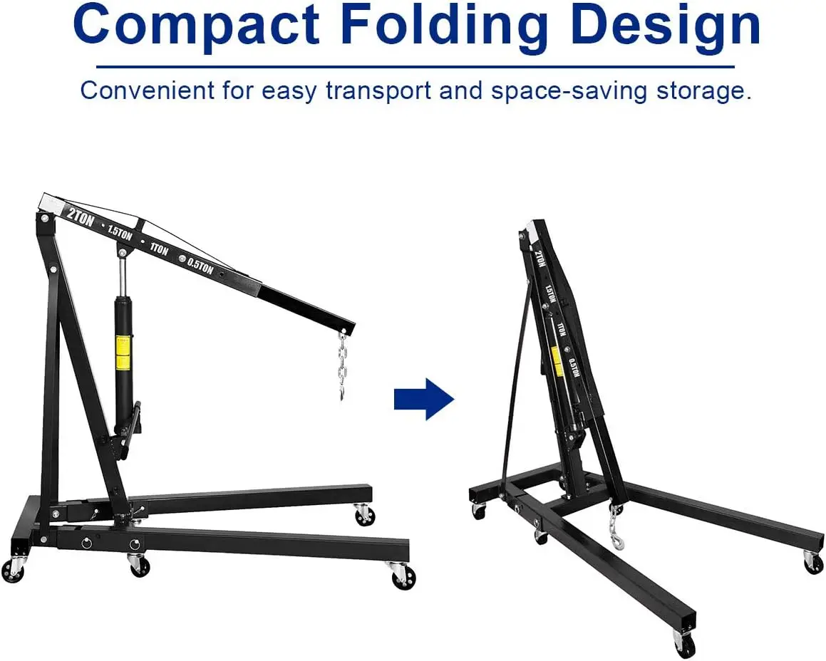 Hoist 2 Ton Folding Engine Lift with 6 Wheels Heavy Duty Steel Hydraulic Shop Engine Crane Cherry Picker Hoist