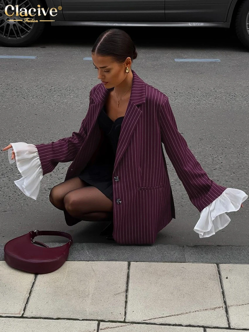 Clacive Fashion Loose Wine Red Stripe Women's Blazer Winter Lapel Long Sleeve Coats Elegant Blazers Top Female Clothing