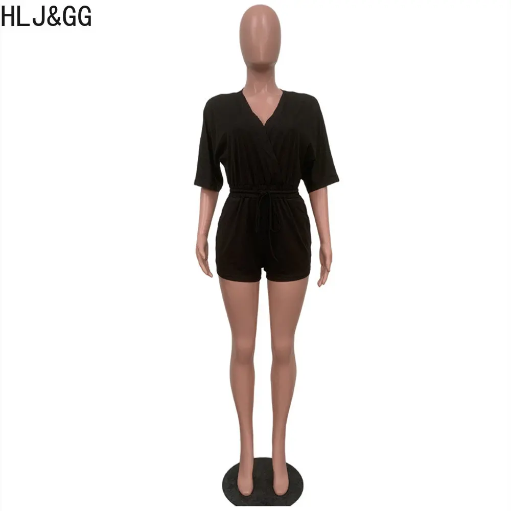 HLJ&GG Elegant Lady Lace Up Rompers Women Deep V Short Sleeve Slim Jumpsuits Casual Solid Bandage With Pocket One Piece Playsuit
