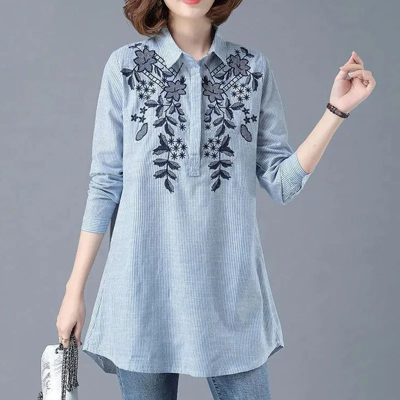

Thin Japan Style Turn-down Collar Cotton Linen Striped Long Sleeve Women Shirt Medium Length Single Breasted Large Embroidery