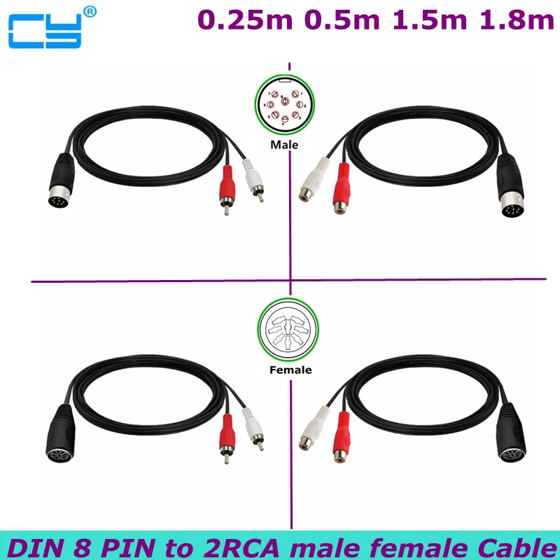 

0.5m 1.5m Din 8-pin to 2RCA Lotus Connector Cable for Male and Female Audio Adapter Cables for Instrument Audio Equipment