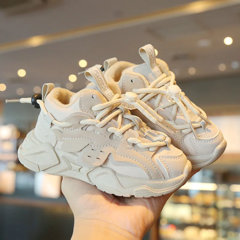 

Autumn Winter Children's New Front Lace Up Mesh Waterproof Sports Single Shoes Girls' Fashion Warm Casual Cotton Shoes