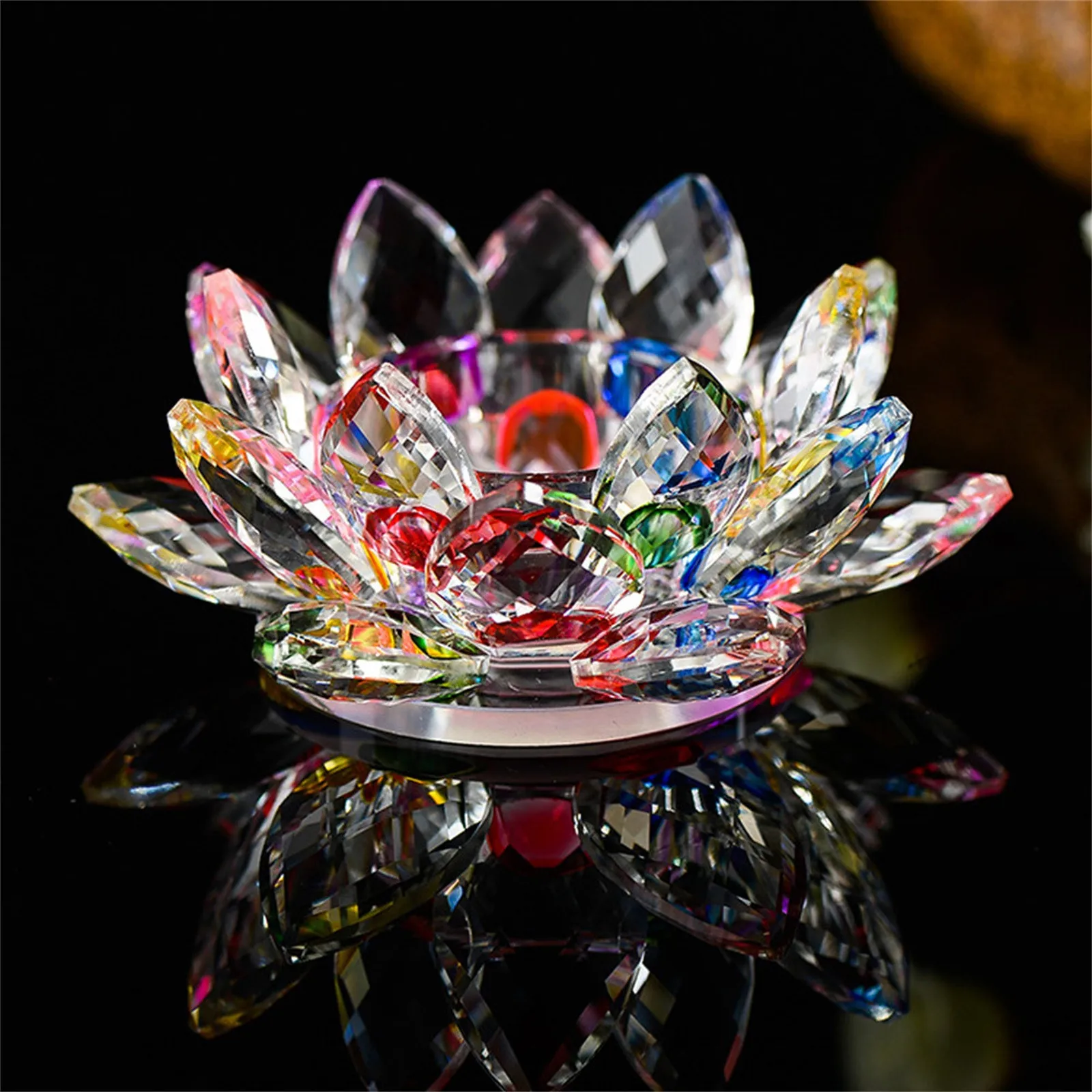 1PC Crystal Glass Lotus Flower Candle Light Holder Buddhist Candlestick Crystal Tea Lamp Candlestick holder Home Luxury ornament