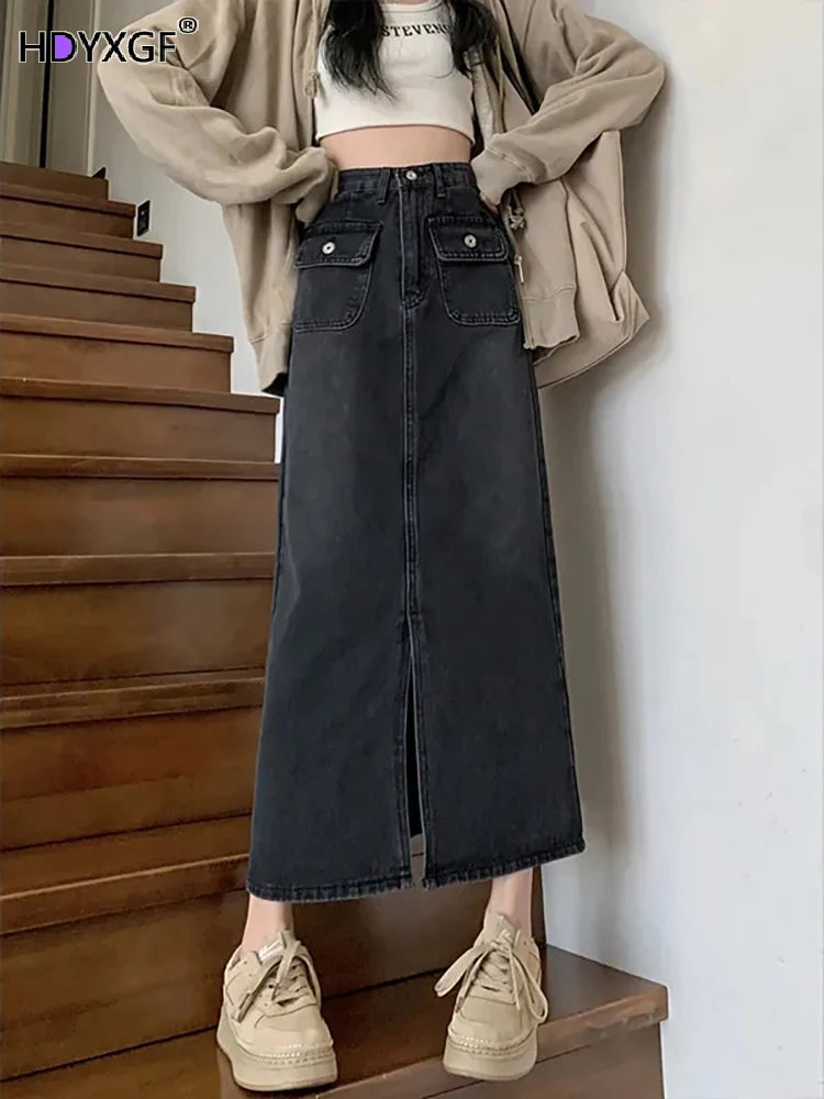 

Vintage Black Denim Washed High Waist Skirt Women Wild Front-slit Design Chic Female Student Mid-calf Streetwear Womens Clothing