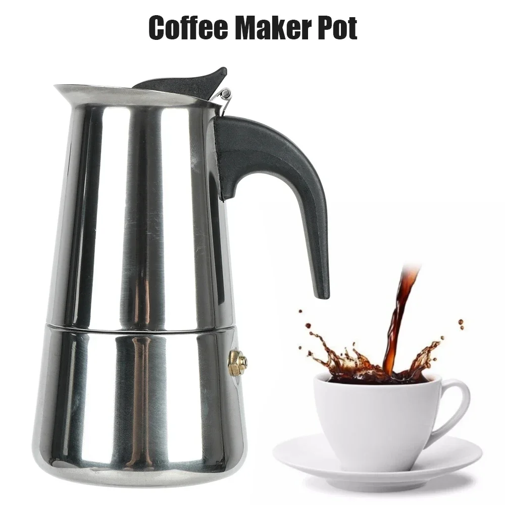 Fdit 200ml Stainless Steel Stovetop Coffee Maker Durable Espresso Pot Silver Moka Pot with Safety Valve