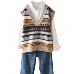 Women Sweater Vest Argyle Knitted Vintage Female Fashion Simple Chic Tops V-neck Loose Autumn Winter Jumper Korean Style Casual