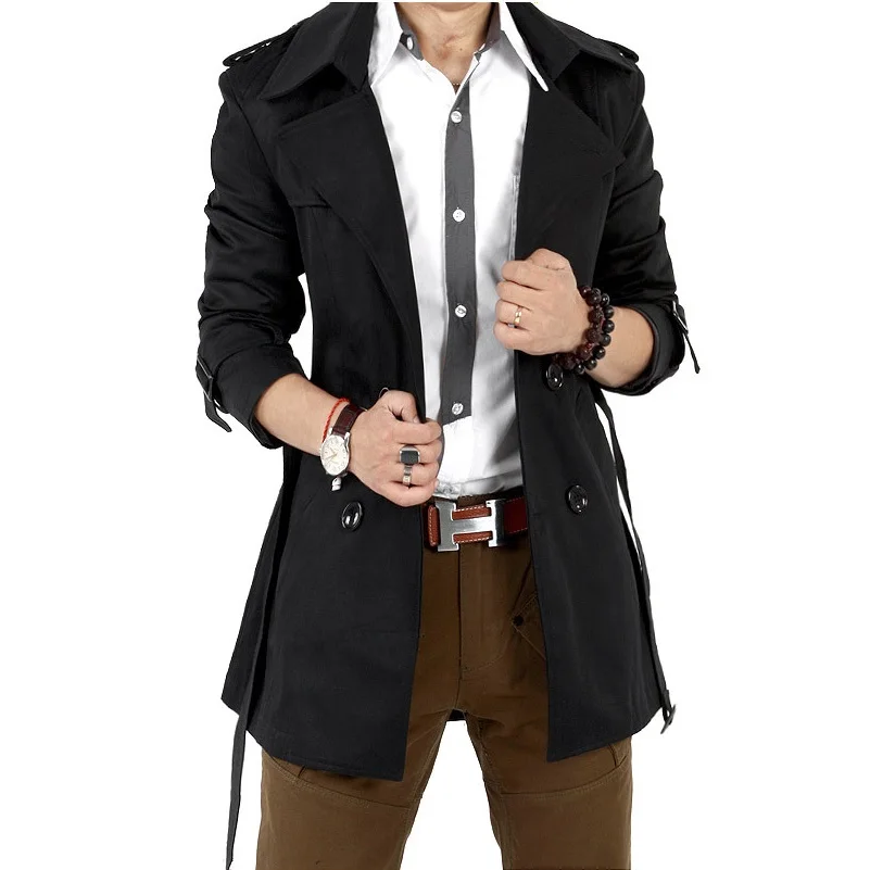 Men's Windbreaker Jacket Vintage Spring Autumn Business Trench Male Double Breasted Retro Classic Long Coat Black Khaki trench coat waterproof windbreaker jacket casual men jacket